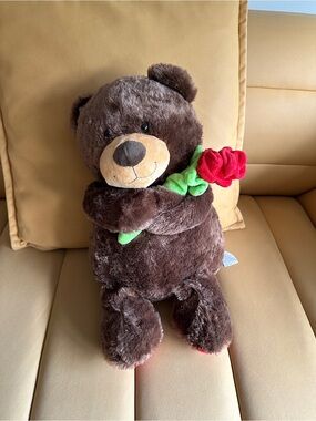 Brown teddy bear with red rose